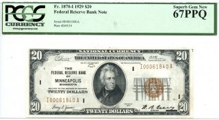 Fr 1870 - I $20 1929 Federal Reserve Bank Note Minneapolis Pcgs 67ppq Rare