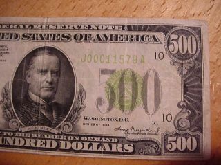 1934 $500 FRN FEDERAL RESERVE NOTE $500.  00 FIVE HUNDRED DOLLAR FINE KANSAS CITY 3