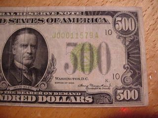1934 $500 FRN FEDERAL RESERVE NOTE $500.  00 FIVE HUNDRED DOLLAR FINE KANSAS CITY 4