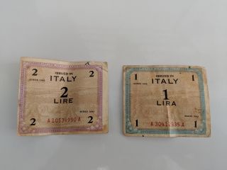 1943 Italy 2 Lire And 1 Lira Allied Military Currency Set Of 2