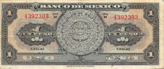 México 1 Peso 7.  7.  1943 Series M Circulated Banknote Mx8