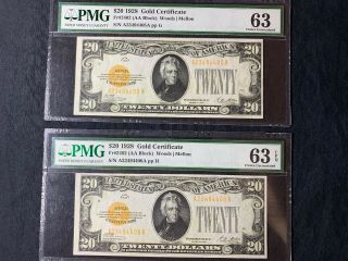 1928 $20 Consecutive Gold Certificate ( (rare))  Pmg Choice Unc 63epq Sequential