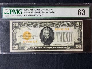 1928 $20 Consecutive Gold Certificate ( (RARE))  PMG CHOICE UNC 63EPQ Sequential 2
