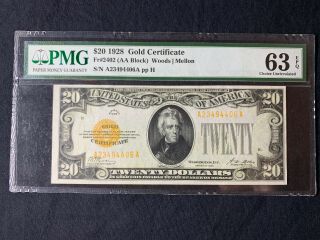 1928 $20 Consecutive Gold Certificate ( (RARE))  PMG CHOICE UNC 63EPQ Sequential 4