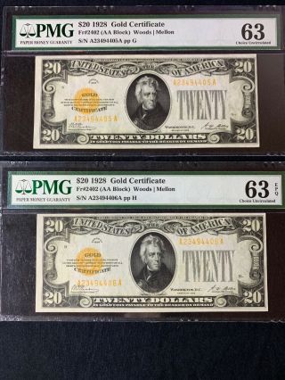 1928 $20 Consecutive Gold Certificate ( (RARE))  PMG CHOICE UNC 63EPQ Sequential 6