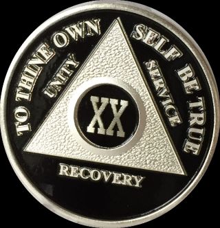 20 Year Black Silver Plated Aa Medallion Alcoholics Anonymous Sobriety Chip Coin