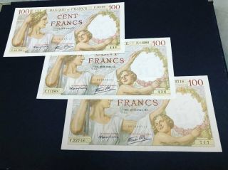 France Banque De France 100 Francs1940 - 42; 3 Examples