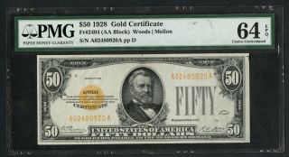 Fr2404 $50 1928 Gold Note Pmg 64 Epq - - Very Choice Unc - - Wlm5720