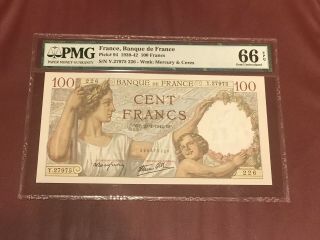 Bank Of France French 100 Franc 1942 Pmg 66 Gem Unc Pick 94 Ceres & Mercury