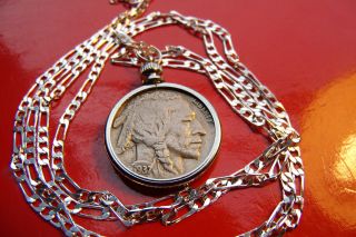 Vintage About Uncirculated Buffalo Nickel On A 28 " 925 Silver Chain