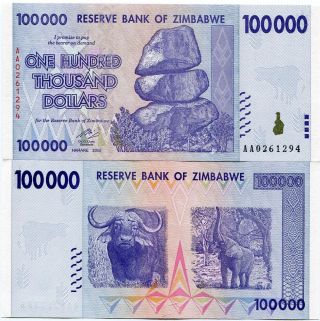 Zimbabwe 100 000 Dollars Money Banknote Unc P75 Aa Prefix Inflation Currency