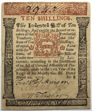 March 20,  1771 Pennsylvania 10 Shillings,  Francis Hopkinson Signed,  Pmg 45 Net
