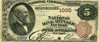 $5 1882 Brownback National Bank Of The Republic Note York Ny Fine Repaired