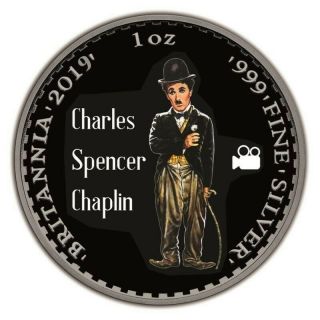 Charlie Chaplin Uk Britannia Ruthenium Plating Silver Coin 1 Oz 2 Pounds