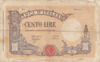 100 Lire Vg Banknote From Italy 1942 Pick - 59