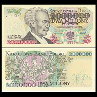 Poland 2 Million Zlotych Banknote,  1993,  P - 163,  Unc,  Europe Paper Money