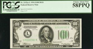 Fr.  2152 - L $100 1934 Dark Green Seal Federal Reserve Note.  Pcgs 58.