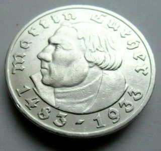 (581) Xxxrare German Silver Coin 5 Reichsmark 1933 A - Martin Luther