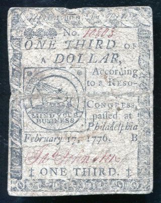 Cc - 20 February 17,  1776 $1/3 One Third Dollar Continental Currency Note
