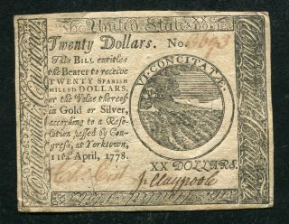 Cc - 76 April 11,  1778 $20 Twenty Dollars Continental Currency “yorktown” Xf/au