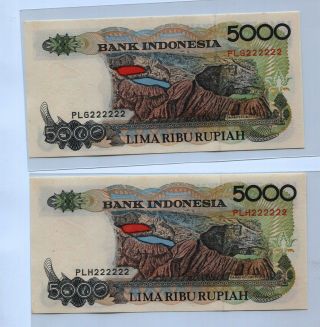 Indonesia 1992 Series 5000 Rupiah Solid Number Plg 222222,  Plh 222222