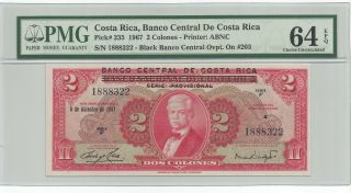 Costa Rica 2 Colones 1967 P 235 Banknote Pmg 64 Epq
