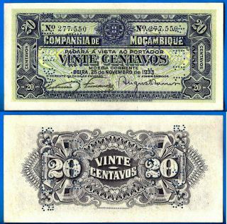 Mozambique 20 Centavos 1933 Unc Cancelled By Perforation 11 5 1942 Wd