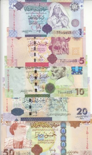 Libya 1 5 10 20 50 Dinars 2008 2009 2011 P71 73 74 75 77 Sig/7 Unc 7th Serie Set