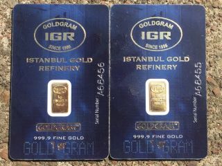 2 Igr Istanbul Turkish Gold Refinery Gold Gram 1 Gram Each.  9999 Fine Bar