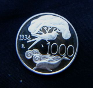 1994 Italy Silver Coin 1000 Lire Unc Bird Tree Dolphin