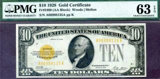 1928 $10 Ten Dollar Gold Certificate Fr - 2400 Pmg 63 Choice Uncirculated Epq