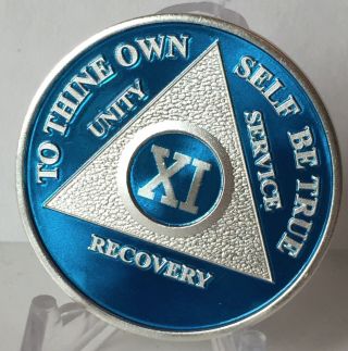 Blue Silver Plated 11 Year Aa Chip Alcoholics Anonymous Medallion Coin