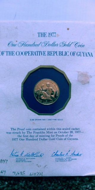 1977 Proof Guyana $100 One Hundred Dollar Solid Gold Coin In