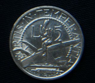 1937 San Marino Italy Fascist Silver Coin 5 Lire Aunc