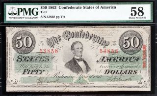 RARE 1864 T - 57 $50 CSA Confederate Note PMG 58 2