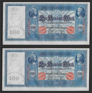 Germany 2x 100 Mark 1910,  Uncirculated,  Consecutive Sns,  Ro 43 / P42 (red Seals)