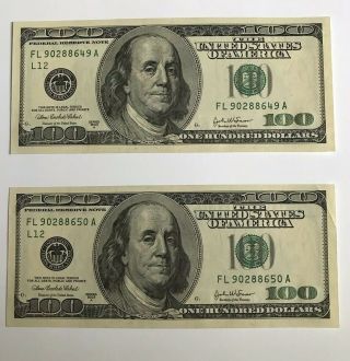 Two Sequential 2003 Unc $100 One Hundred Dollar Bills Federal Reserve Notes