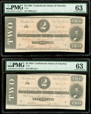 1864 $2 Confederate States Of America T - 70 Consecutive Notes Pmg 63