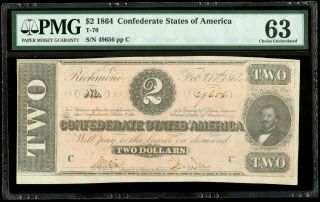 1864 $2 Confederate States of America T - 70 Consecutive Notes PMG 63 2