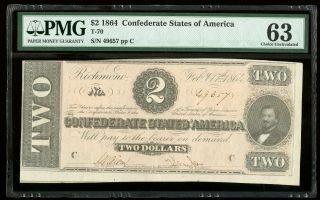 1864 $2 Confederate States of America T - 70 Consecutive Notes PMG 63 3