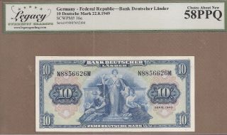 Germany Federal Rep.  : 10 Deutsche Mark Banknote,  (au Lcg58),  P - 16a,  22.  08.  1949,  No