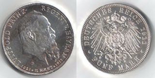 German States - Bavaria 1911 - D 5 Mark Silver Coin,  Almost Uncirculated
