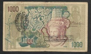 Indonesia Prri Rebellion 1,  000 1000 Rupiah 1952 Overstamped And Signatured Vf