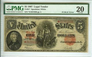 1907 $5 Legal Tender Star Note - Speelman/white - Pmg Vf20 Scarce