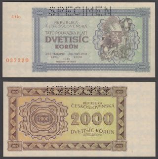 Czechoslovakia 2000 Korun 1945 (au) Specimen Banknote Km 50as