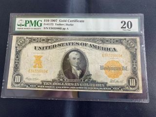 LARGE 1907 $10 DOLLAR GOLD CERTIFICATE COIN NOTE OLD PAPER MONEY Fr 1172 PMG 20 10