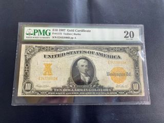 Large 1907 $10 Dollar Gold Certificate Coin Note Old Paper Money Fr 1172 Pmg 20