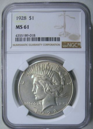 1928 - P Peace Silver Dollar Ngc Ms - 61