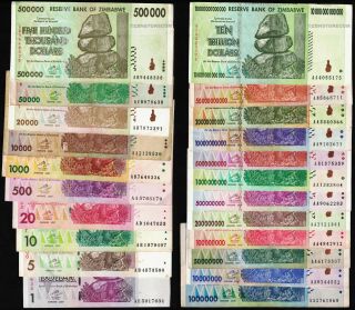 1 To 10 Trillion Zimbabwe Dollars 22 Bank Notes Set W/ 50 Billion 100 Million,