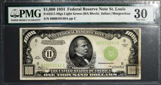 1934 $1000 Federal Reserve Note St.  Louis Fr 2211 - H Pmg 30 Very Fine A1232